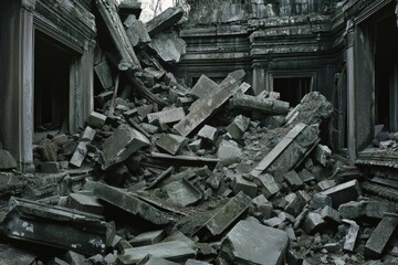 Ruined temple interior, rubble-filled.  Massive stone blocks, collapsed structures, and dark corners