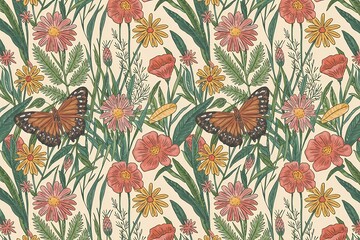 Fluttering Butterflies and Blossoms: Intricate illustration of a pattern, showing butterflies among an array of flowers and lush greenery, a seamless blend of art and nature. 