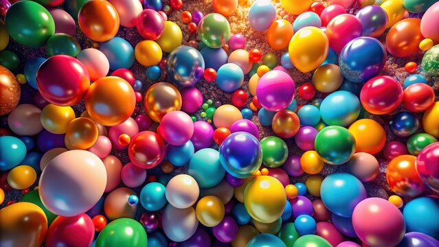 A mesmerizing abstract display of vibrant spheres, each reflecting an array of dazzling colors, creating a symphony of light and texture.