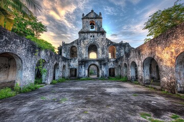 Naklejka premium Ruined church structure at sunset, dramatic sky, tropical setting. Stone walls, arched doorways, and bell tower. Empty interior courtyard