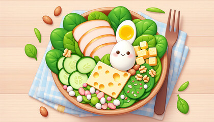 Obraz premium Cartoon Healthy Bowl with steamed Chicken and boiled egg on Wooden Table