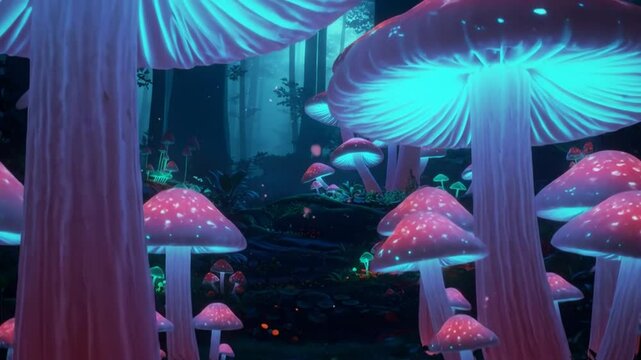 Glowing red and blue mushrooms in fantasy forest