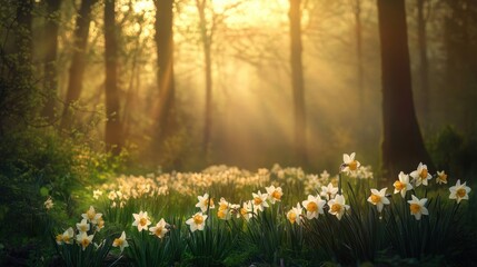 Obraz premium Sunlight streams through a forest, illuminating a field of daffodils.
