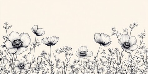 Monochrome botanical sketches present a field of anemone flowers and small plants with detailed line work