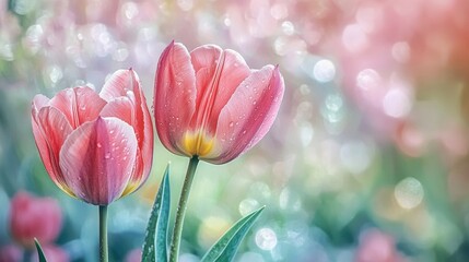 Two pink tulips with water droplets in a soft focus garden.