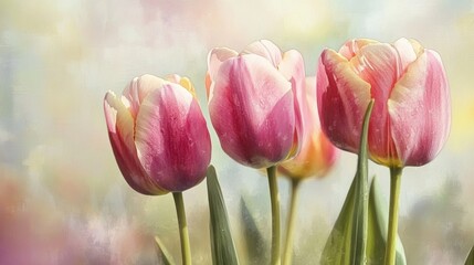 Delicate pink and peach tulips in soft focus.