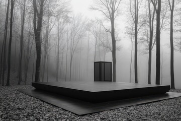 A minimalist black structure in a misty forest.