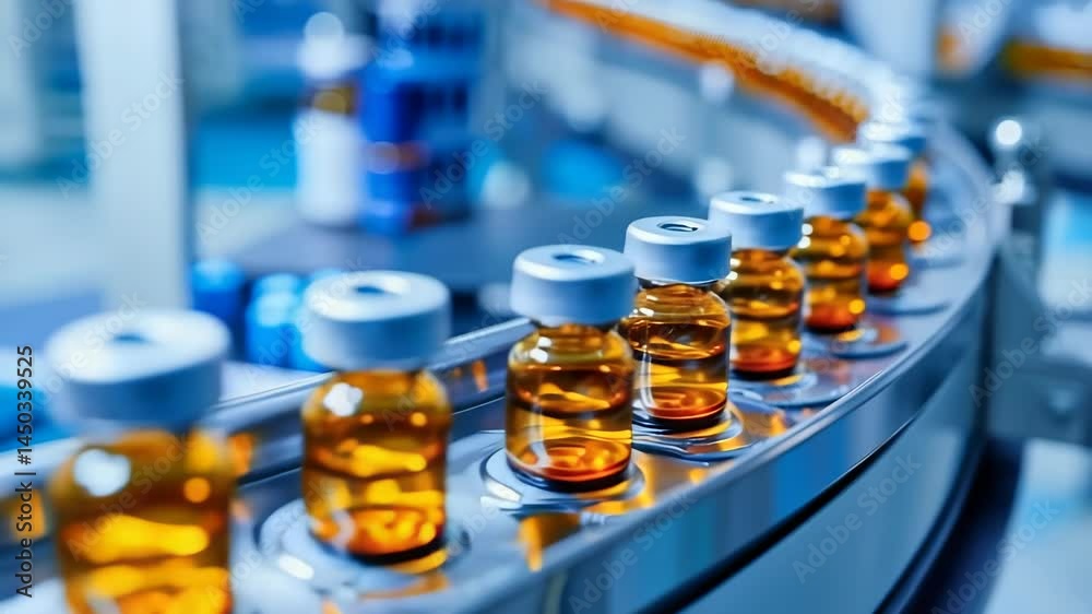 Poster close-up of amber-colored vials with silver caps progressing along a factory production line. the vi