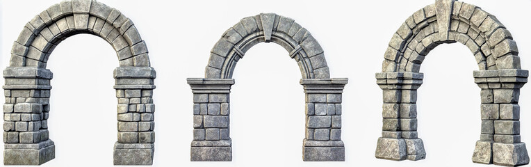 Set of medieval stone arches isolated on a white background
