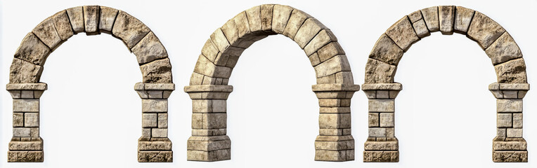 Set of medieval stone arches isolated on a white background