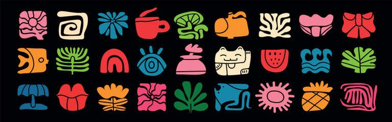 Various Doodle icons. Playful hand drawn doodle set with retro groovy summer elements in Matisse-inspired style. Includes floral motifs, leaf shapes, fish, fruits, rainbow, sea, and sun. Vector  © Loya.art