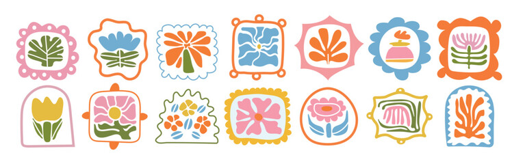 Set of vibrant floral frame illustrations in vintage style. Decorative geometric compositions with natural spring flowers and botanical elements. Perfect for seasonal design projects.