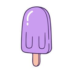 A purple popsicle with a wooden stick on a white background , cartoon style , thick black outlines, simple design, cute, pastel colors , minimalist
