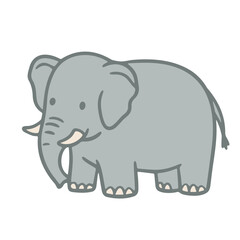 A gray elephant with white tusks and big ears, standing on a white background, cartoon style, cute, simple, clean lines, vector graphics