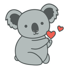 A cute koala bear holding a red heart with a white background