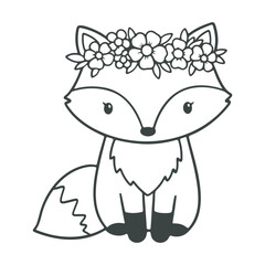 A cute fox with a flower crown on its head, sitting down with its tail curled around its feet, white background