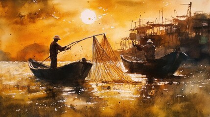 Silhouette fishermen casting net at golden sunset.