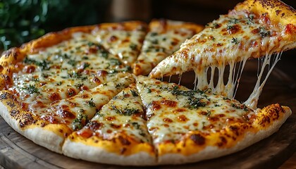 Delicious cheese pizza slice pulled