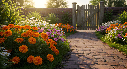 Obraz premium Tranquil Garden Path With Wooden Gate and Blossoming Flowers