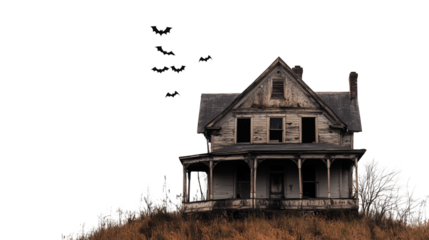Old, abandoned house with flying bats, cut path, Halloween theme, an abandoned house with bats, an old, abandoned house with bats with flying bats around it, on a transparent backgrounds