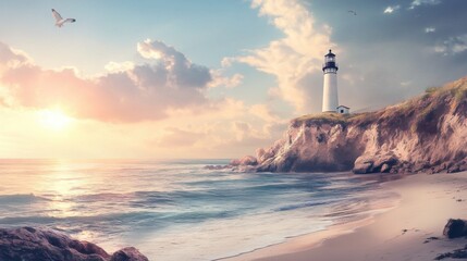 Coastal lighthouse scene at sunrise.