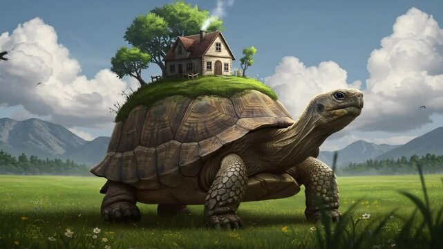 Tortoise carrying a house in a green field