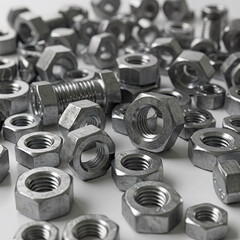 Metal nuts and bolts on a white background. Close-up.