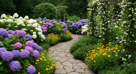 Obraz premium Pathway Through Lush Garden With Hydrangeas And Climbing White Roses