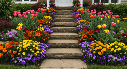Naklejka premium Stairway To Serenity Colorful Floral Display Leading To Home Entrance
