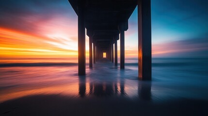 Dramatic sunset through a pier's underpass.