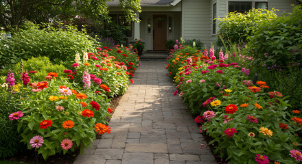 Floral Pathway Leading to Cozy Home Entrance in Serene Garden