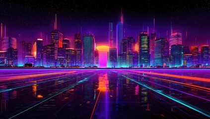 Futuristic city skyline at sunset, vibrant neon lights reflecting on a smooth surface.  Modern buildings, vibrant colors, and a sense of technological advancement