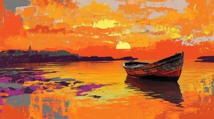 Colorful sunset view over tranquil waters with a small boat.