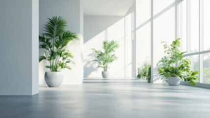 Modern, spacious interior with potted plants and large windows.