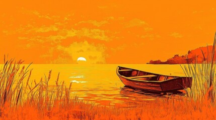 Warm sunset view over a tranquil body of water with a small boat.
