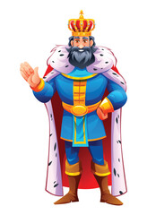 King in royal attire with a crown, waving hand in a royal gesture. Vector cartoon character illustration