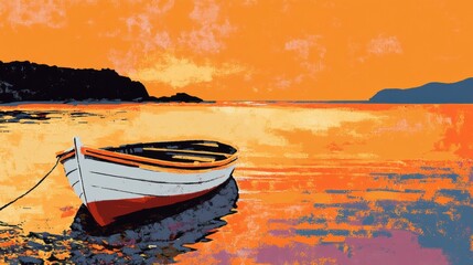 Colorful sunset view of a solitary boat moored on the water.