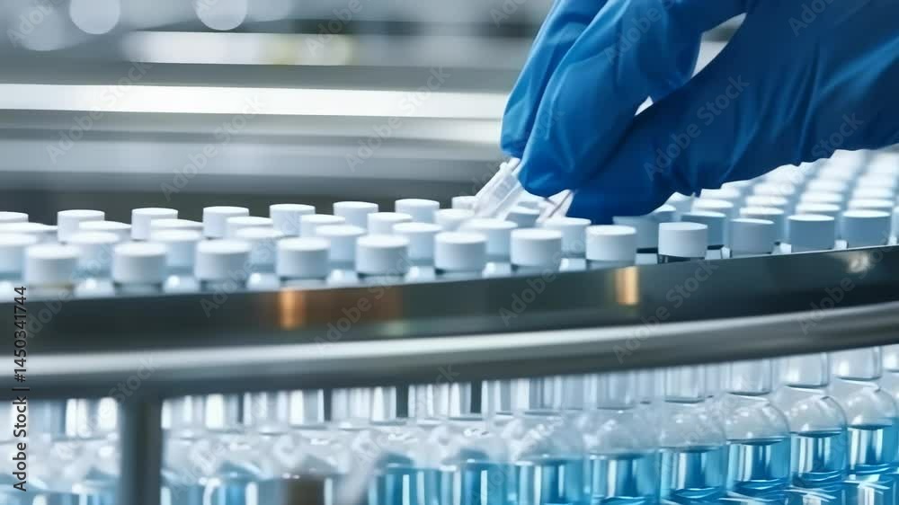 Aufkleber close-up shows a gloved hand inspecting vials on a production line. the vials are neatly arranged, s