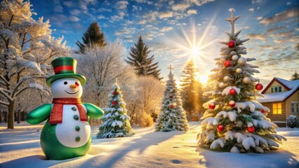 Fototapeta premium A cheerful snowman stands in a snowy winter wonderland, adorned with Christmas trees and a radiant sunrise casting a magical glow over the picturesque scene.