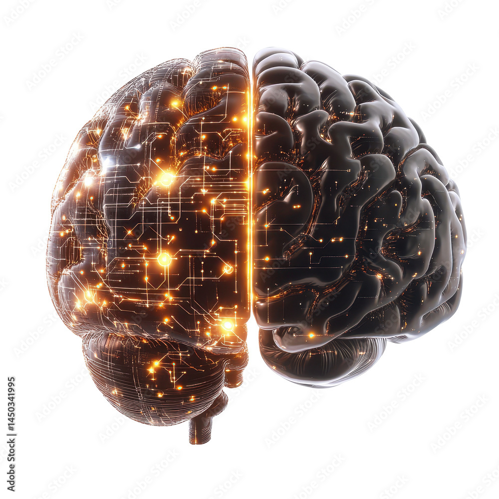 Poster a human brain and a mechanical brain connected by glowing lines of code. isolated on white backgroun