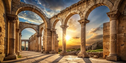 Obraz premium Arched colonnade with sunlight filtering through delicate stonework details , ancient ruins, temple entrance
