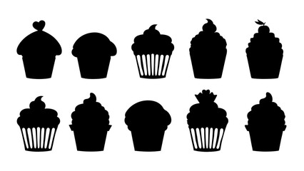 set of cupcakes silhouette vector on tranparent background