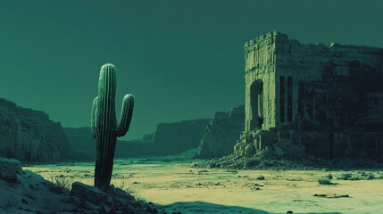 Desolate landscape with ancient ruins and desert plant.