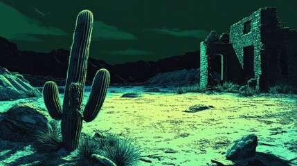 A vibrant, stylized illustration of a desert landscape at night.