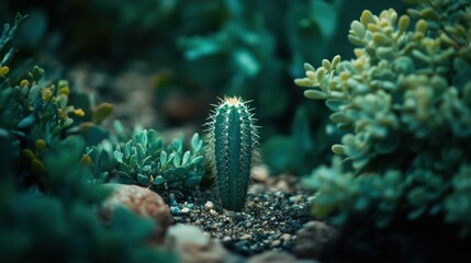A small cactus surrounded by greenery in a garden setting.