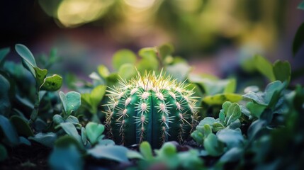 Small succulent cactus surrounded by greenery.