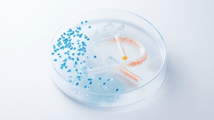 Microbial genetic engineering concept showing insertion of foreign gene into a plasmid vector using restriction enzymes clean laboratory themed molecular art no text white background
