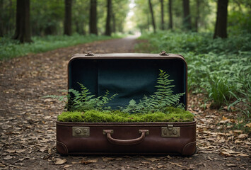 Open Suitcase Revealing Miniature Forest on Park Bench - Whimsical Travel Concept Vector - Isolated Fantasy Scene - Imagination Journey Illustration - Surreal Nature Escape