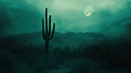 Silhouette of a saguaro cactus under a night sky.