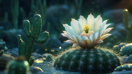 Pristine desert flower blooming amidst spiky succulents.